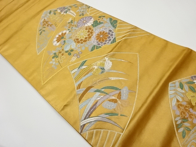 リサイクル　扇に草花・蝶模様織出し袋帯